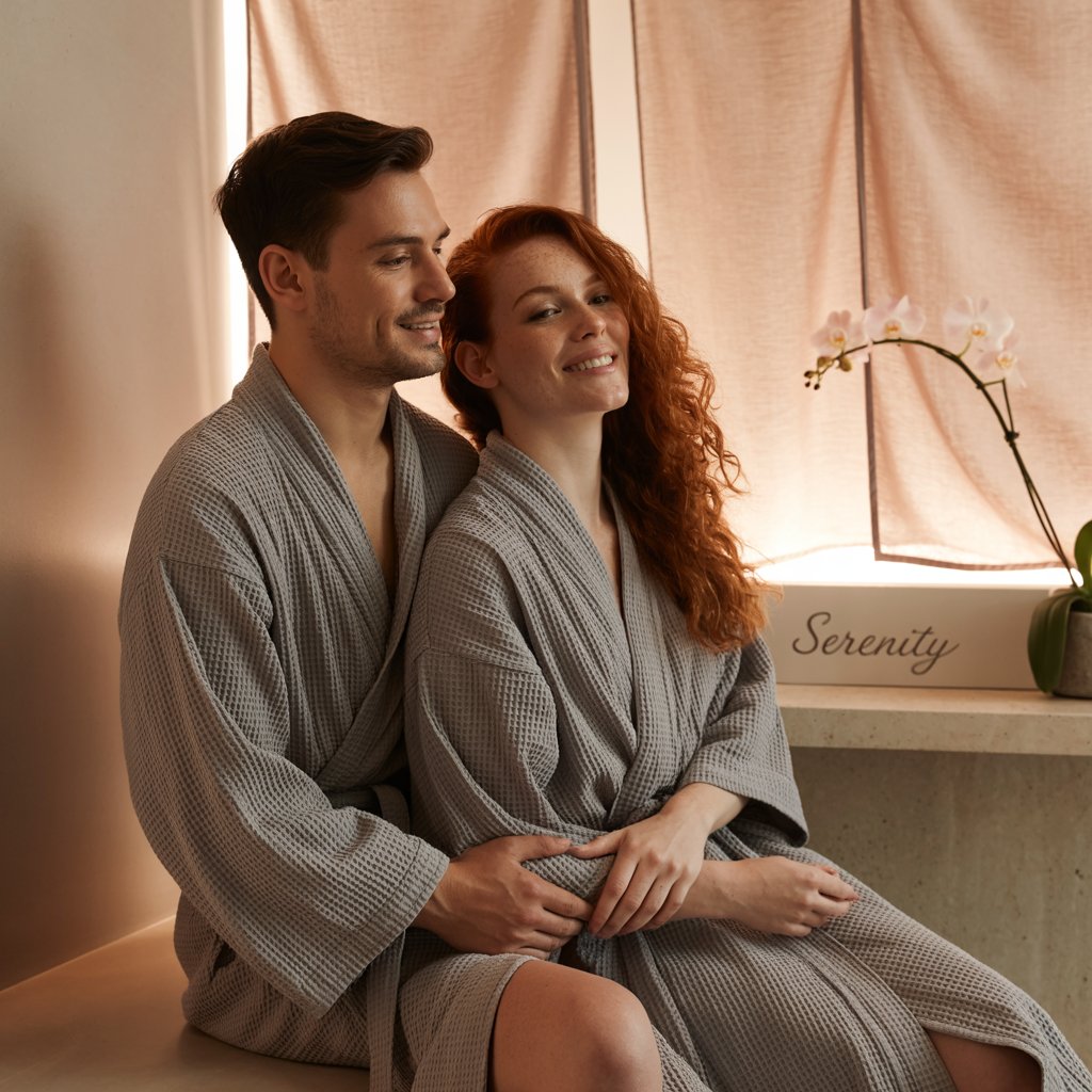 Lächelndes Paar in Bademänteln genießt entspannte Atmosphäre – Symbolbild für Wellness und attraktive Aktionspreise bei der Haarentfernung