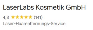 Google-Bewertung für LaserLabs Kosmetik GmbH – 4,8 Sterne bei 141 Bewertungen im Bereich Laser-Haarentfernung