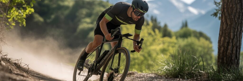 Ein sportlicher Mann fährt auf einem Rennrad durch eine bergige Landschaft – Symbolbild für Selbstbewusstsein nach einer Laserbehandlung im Intimbereich.