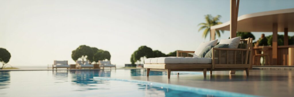 Sonnenliege an einem Pool in entspannter Atmosphäre nach Laser-Achselbehandlung