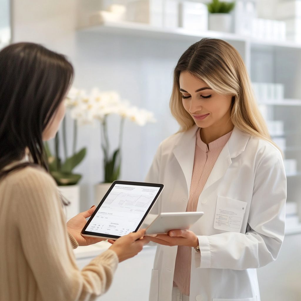 Kosmetikerin zeigt Kundin auf einem Tablet individuelle Behandlungsdaten