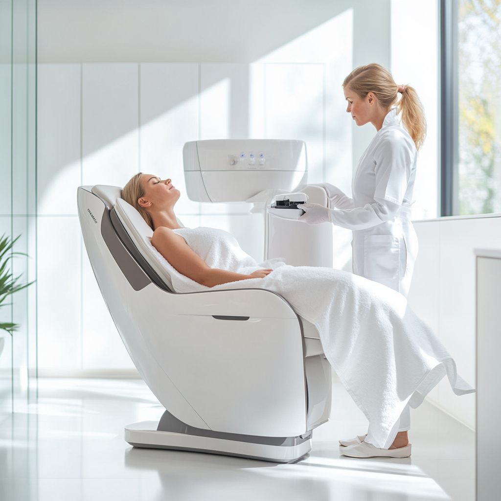 Frau in moderner ästhetischer Klinik entspannt auf einem Behandlungsstuhl, während eine Kosmetikerin ein Hightech-Gerät vorbereitet