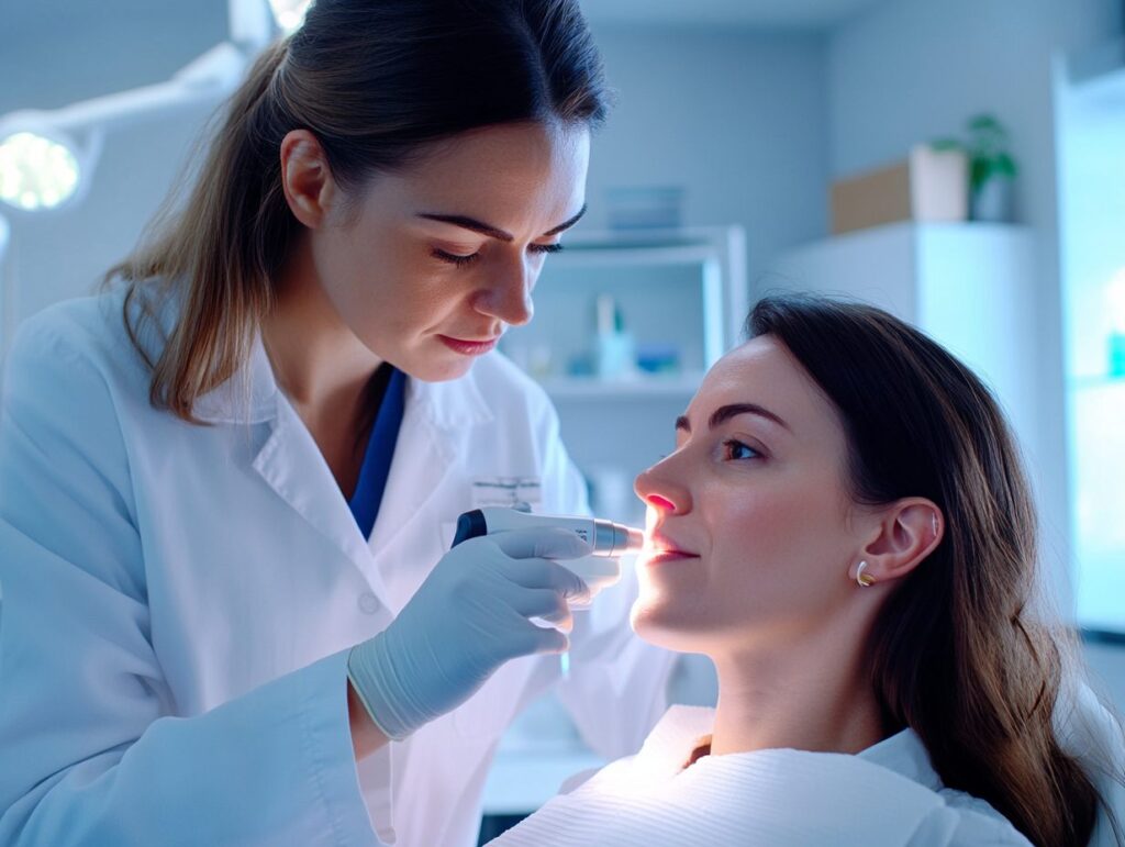 Dermatologin behandelt Patientin mit Lasergerät zur Pigmentierungsentfernung in Graz