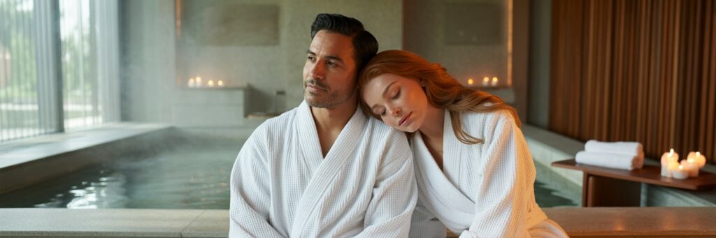 Paar mit haarfreier Haut entspannt gemeinsam im luxuriösen Spa-Bereich mit Kerzenlicht