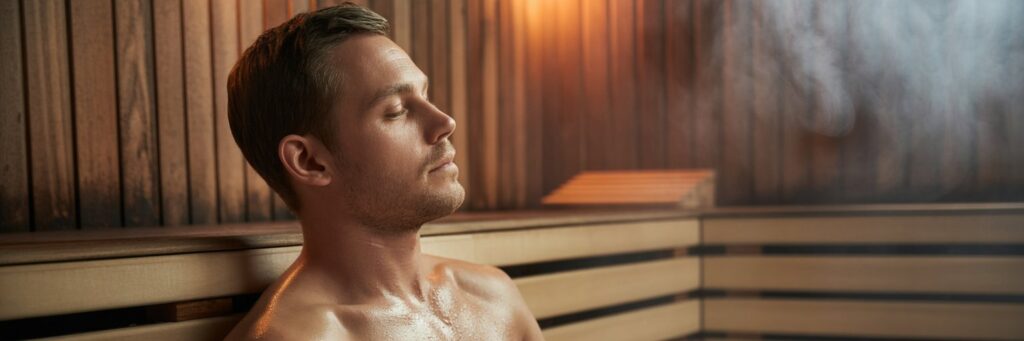 Mann mit empfindlicher Haut entspannt in der Sauna mit aufsteigendem Dampf