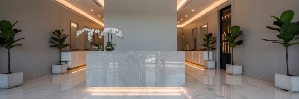 Hochmodernes Empfangsbereich eines Kosmetikstudios mit Marmor-Theke und Pflanzen – inspiriert von Laser-Mythen