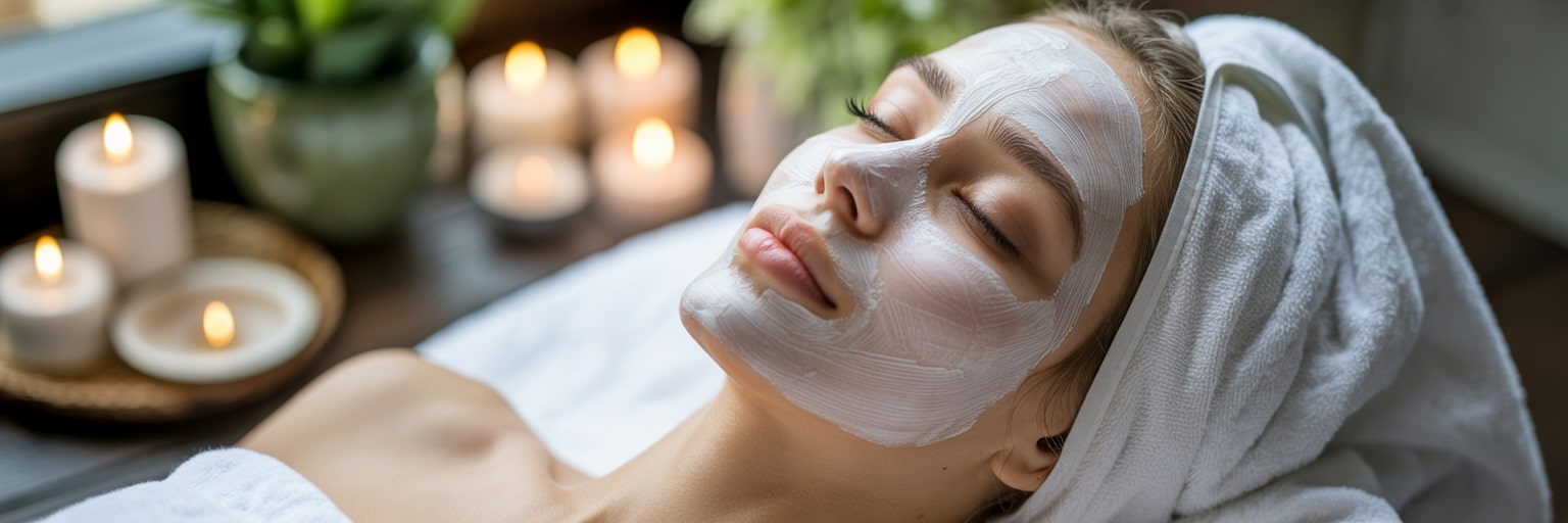 Frau erhält eine beruhigende Gesichtsbehandlung mit Maske im Spa bei Kerzenschein – perfekte Behandlungen für Hautpflege und Wohlbefinden