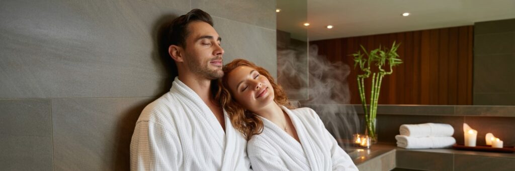 Pärchen in weißen Bademänteln lehnt sich entspannt im Spa zurück – gemeinsames Relaxen bei exklusiven Behandlungen