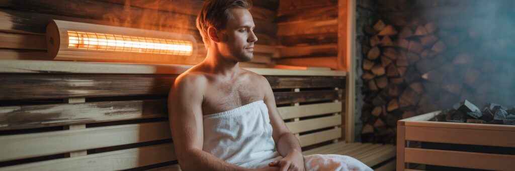 Mann entspannt in der Sauna nach dem Waxing, um Hautirritationen zu lindern