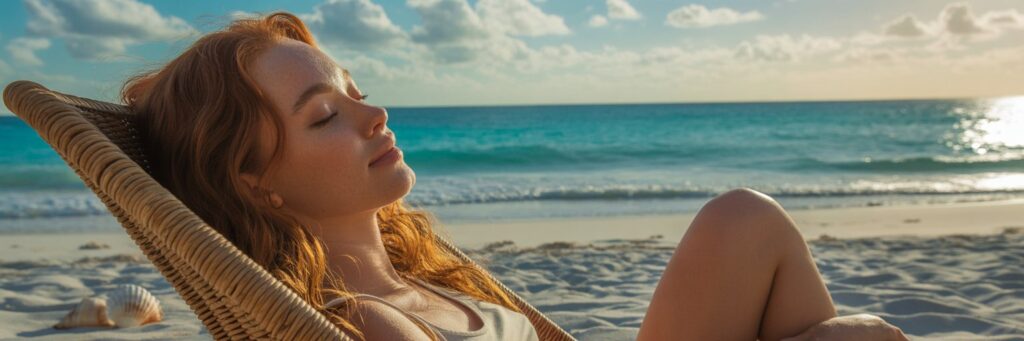 Junge Frau entspannt am Strand mit glatter, langfristig haarfreier Haut