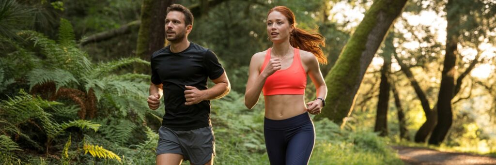 Ein sportliches Paar joggt gemeinsam durch den Wald – eine dynamische Sitzung im Grünen