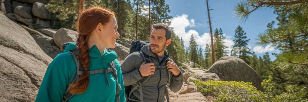 Pärchen beim Wandern in der Natur mit sichtbar gepflegter, langfristig haarfreier Haut