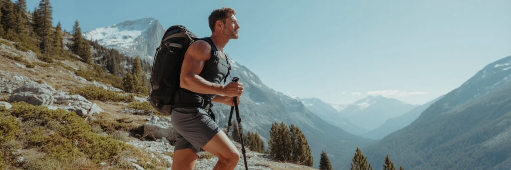 Mann wandert selbstbewusst durch eine alpine Berglandschaft