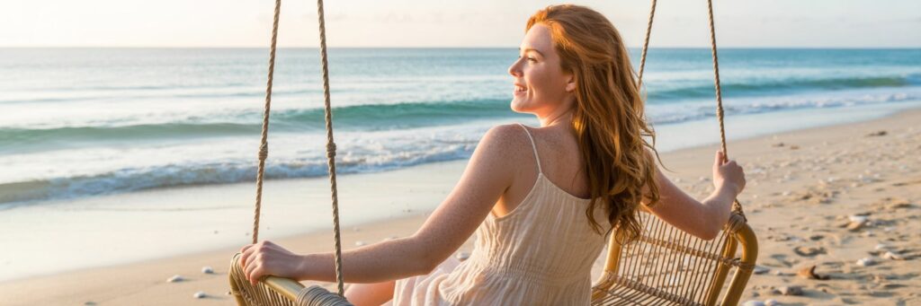 Frau sitzt entspannt auf einer Schaukel am Strand bei Sonnenuntergang und genießt den Moment – Symbol für gesunde Haut trotz Hautveränderungen
