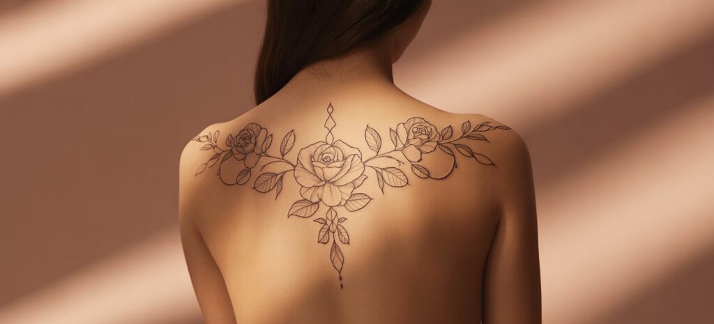 Detailaufnahme eines filigranen Rosen-Tattoos auf dem oberen Rücken einer Frau – Symbolbild für Laserbehandlung bei tätowierter Haut