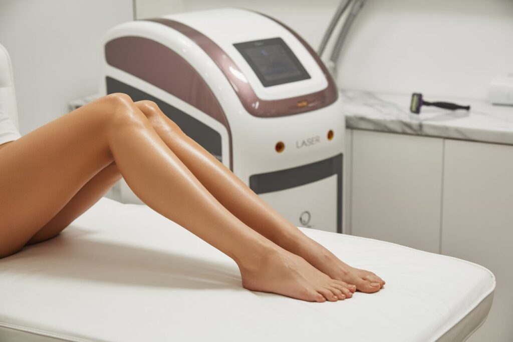 „Laser oder Rasur – Nahaufnahme glatter Beine vor professionellem Lasergerät im Studio.“