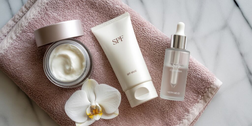 Pflegeset mit Sonnenschutzcreme (SPF), Serum und Feuchtigkeitscreme auf Handtuch – essentielle Pflege nach Laserbehandlung