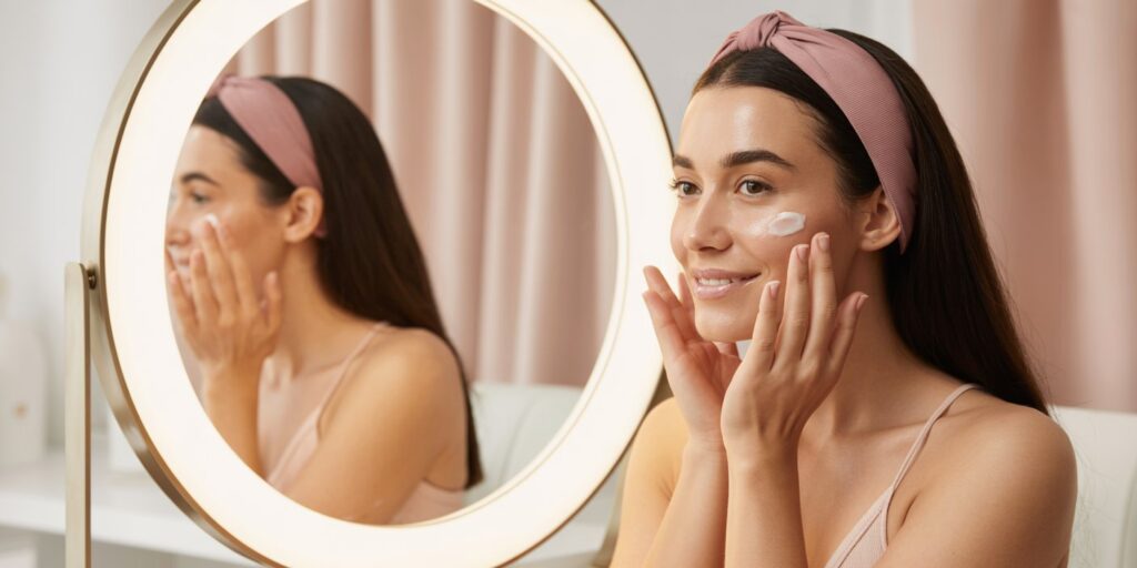 Frau trägt feuchtigkeitsspendende Creme im Spiegelbild auf – sanfte Pflege nach Laserbehandlung im Gesicht