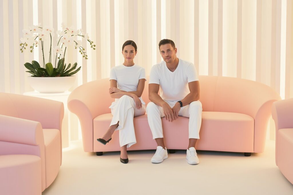 Wartebereich_Laserstudio_Zwei_Patienten – Ein stilvoller Wartebereich mit zwei Patienten auf einem rosa Sofa, vor hellen vertikalen Lamellen und einer eleganten Orchidee.
