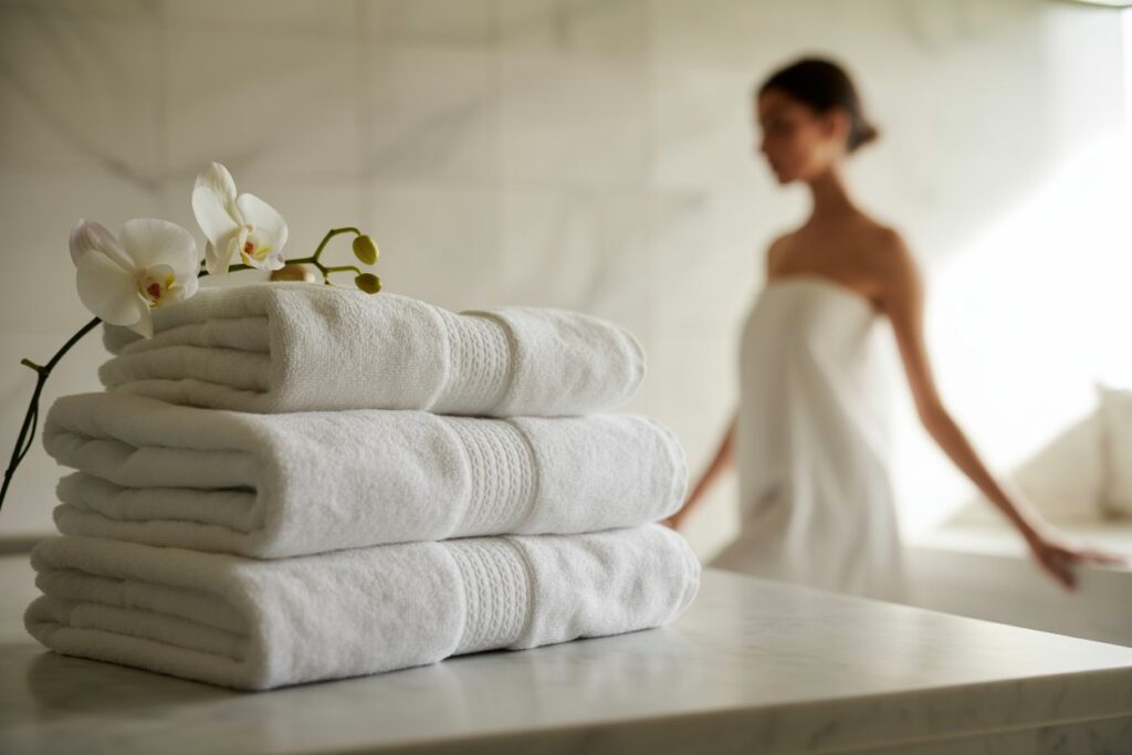 „LaserLabs_SensibleHaut – Frisch gefaltete weiße Handtücher mit Orchidee, im Hintergrund eine Frau mit empfindlicher Haut im Spa.“