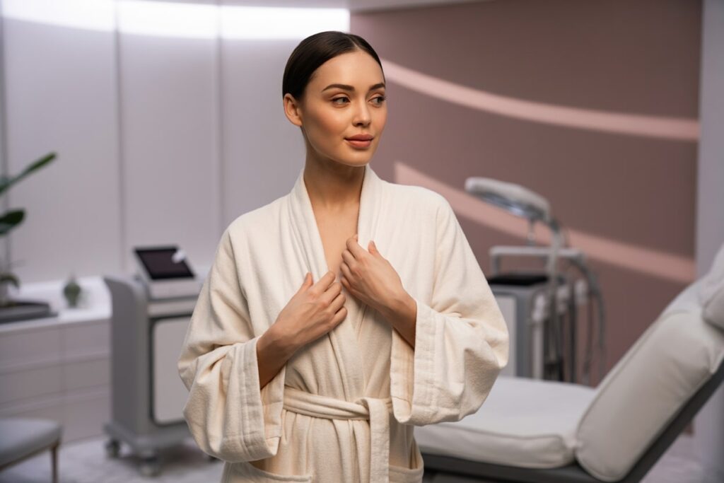 Frau im Bademantel in modernem Laserstudio – vor der Behandlung.