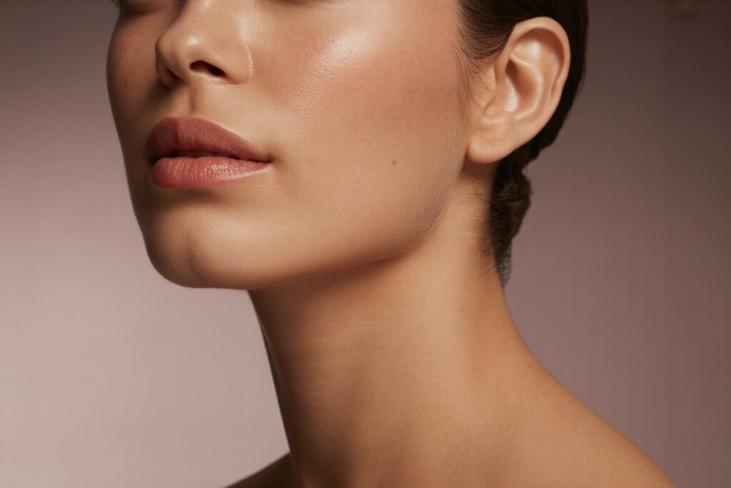 Nahaufnahme eines weiblichen Gesichts mit glatter, gepflegter Haut – Fokus auf Lippen, Wange und Kinn.
