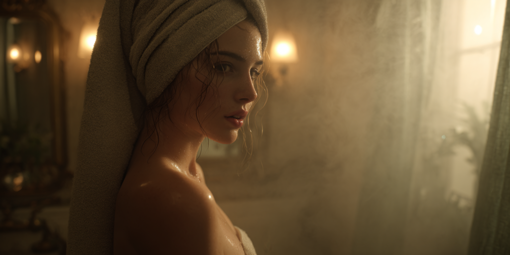 haarfreie Frau nach Laser-Haarentfernung im warmen Spa-Badezimmer