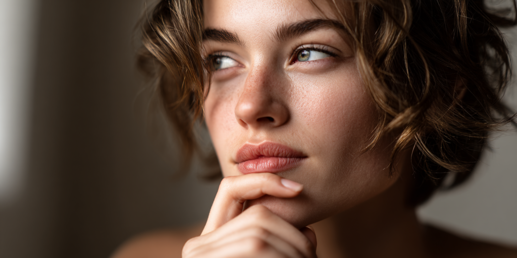 Porträt einer jungen Frau mit nachdenklichem Blick als Darstellung des subjektiven Schmerzempfindens bei einer Laser-Haarentfernung