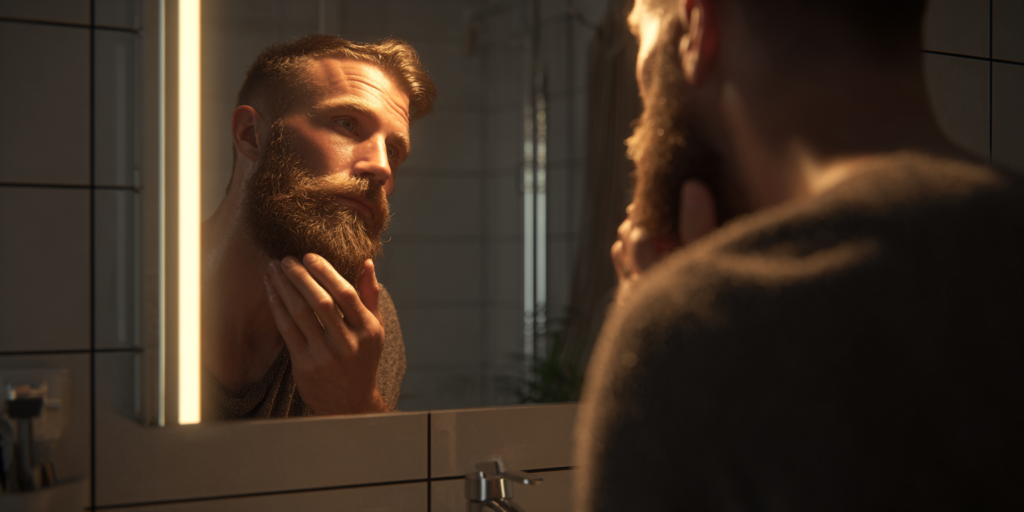 Mann betrachtet seinen Bart im Spiegel und denkt über das Schmerzempfinden bei einer Laser-Haarentfernung im Gesichtsbereich nach
