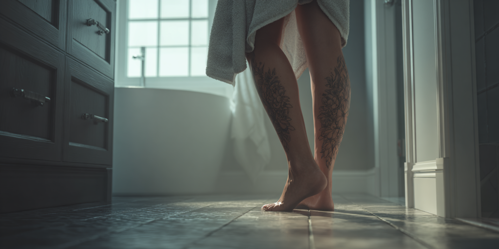 Tätowierte Beine einer Frau nach dem Duschen als sensibler Bereich für Tattoo und Laser-Haarentfernung