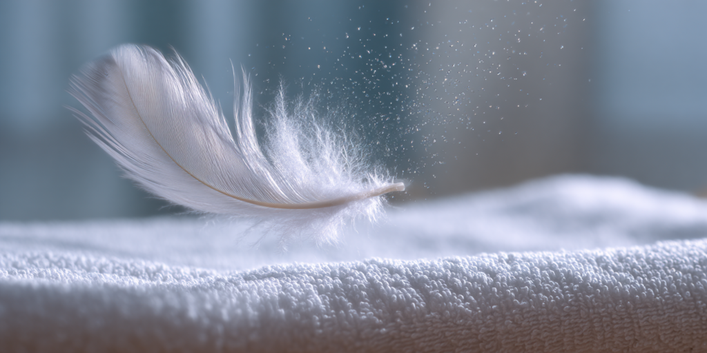 Sitzung zur Laserhaarentfernung symbolisiert durch eine leichte Feder auf weichem Untergrund