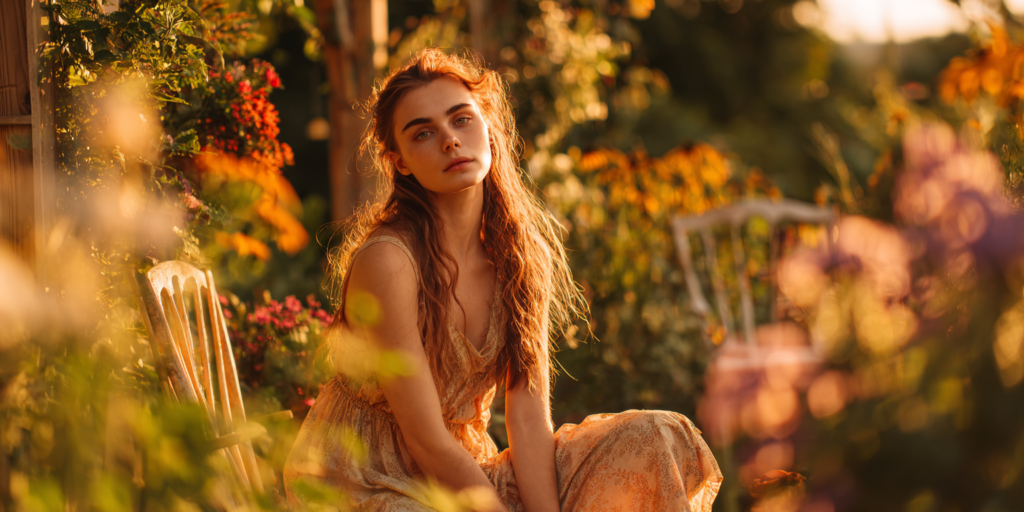 junge Frau sitzt im Garten bei warmem Sonnenlicht und vermeidet direkte Sonneneinstrahlung vor der Behandlung