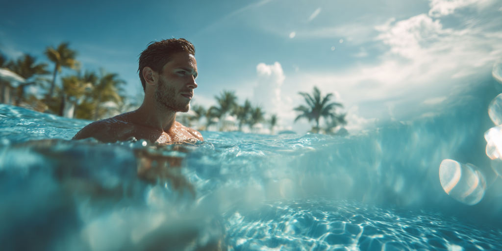 Sommer Laserhaarentfernung im Pool unter Palmen mit Mann im Wasser bei strahlendem Sonnenschein