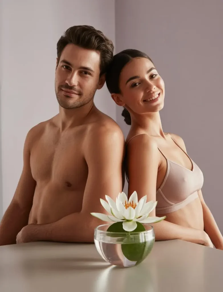 Junges Paar mit glatter Haut lehnt entspannt Rücken an Rücken – Symbolbild für professionelle Laser Haarentfernung Graz