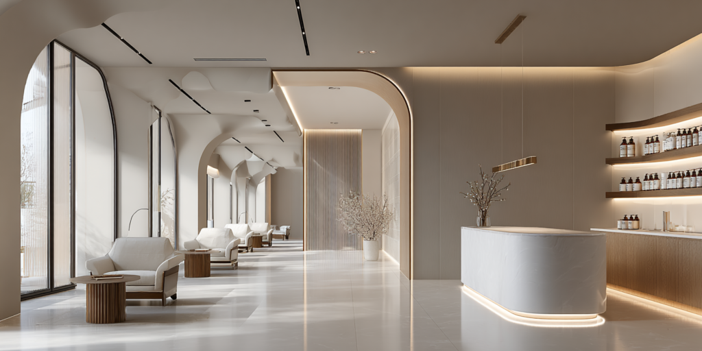 Modernes Spa Interieur nach dem lasern mit ruhiger Atmosphäre und stilvollem Empfangsbereich