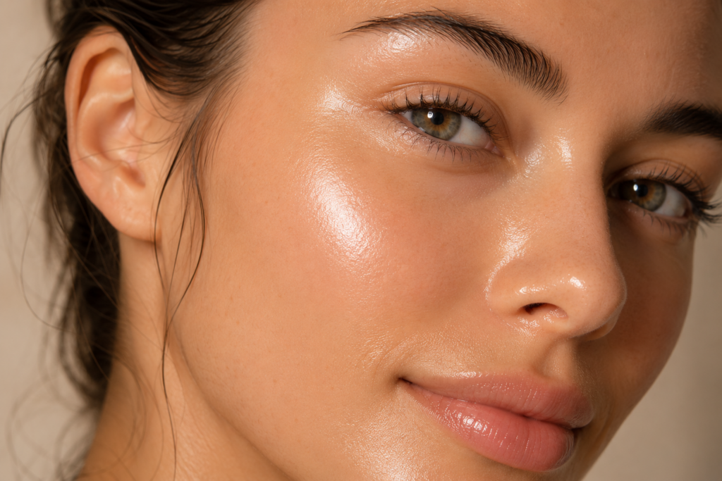 Nahaufnahme strahlender Haut mit Glow Effekt nach einer Aquafacial Behandlung.