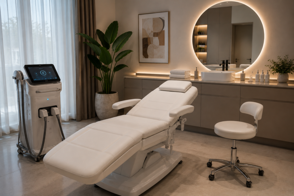 Moderner Behandlungsraum mit Behandlungsliege und Lasersystem für eine professionelle Laserhaarentfernung und Informationen zu den Kosten einer Laserhaarentfernung.