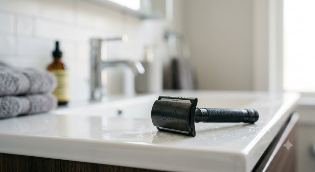 Rasierer liegt auf nassem Waschbecken neben Handtüchern und Bartöl – ideal für gepflegte Bartkonturen