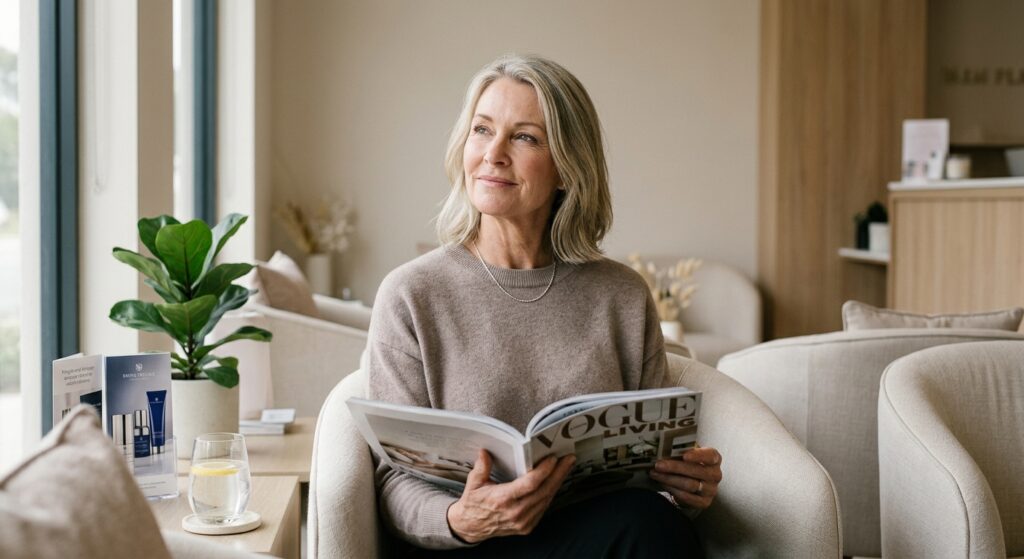 Frau mit grauem Haar sitzt im Sessel einer hellen Kosmetikpraxis, liest eine Zeitschrift und wartet aufs Plasma Lifting