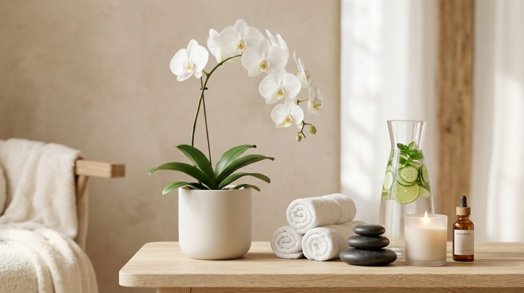 Weiße Orchidee, gerollte Handtücher, Massagesteine, Kerze und Gurkenwasser als Spa-Ambiente in der Laserpraxis